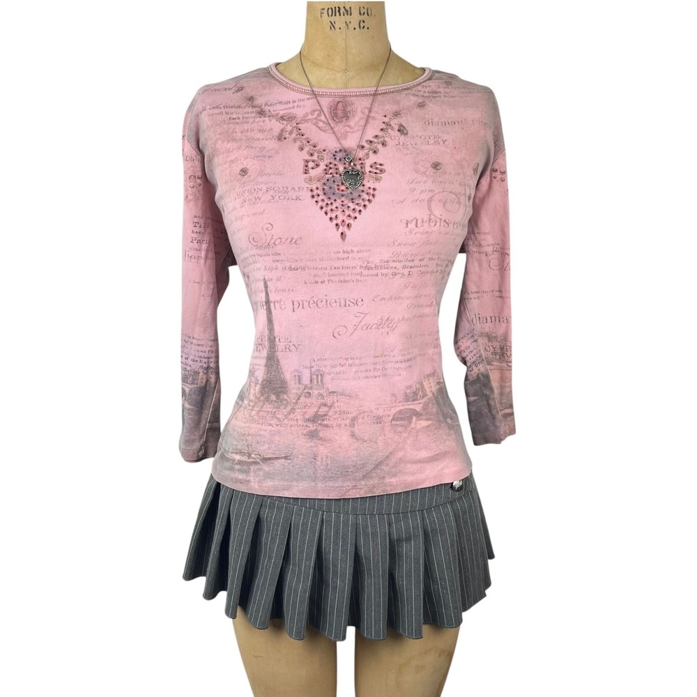 Y2K Paris Graphic Rhinestone Long Sleeve Top Women‎ Small Pink Vintage Style